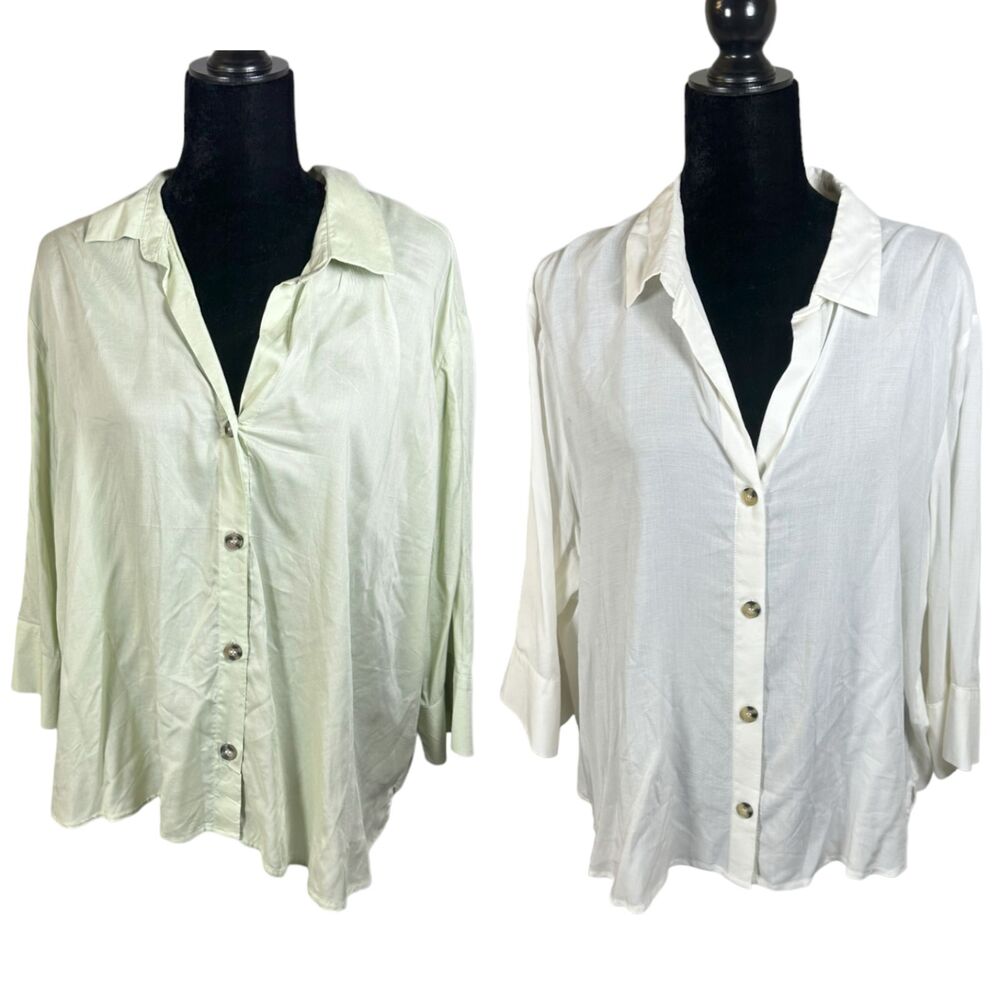 H&M Divided Semi Sheer Ivory Sage Green Button Blouses XL NEW w/ Tags (LOT of 2)